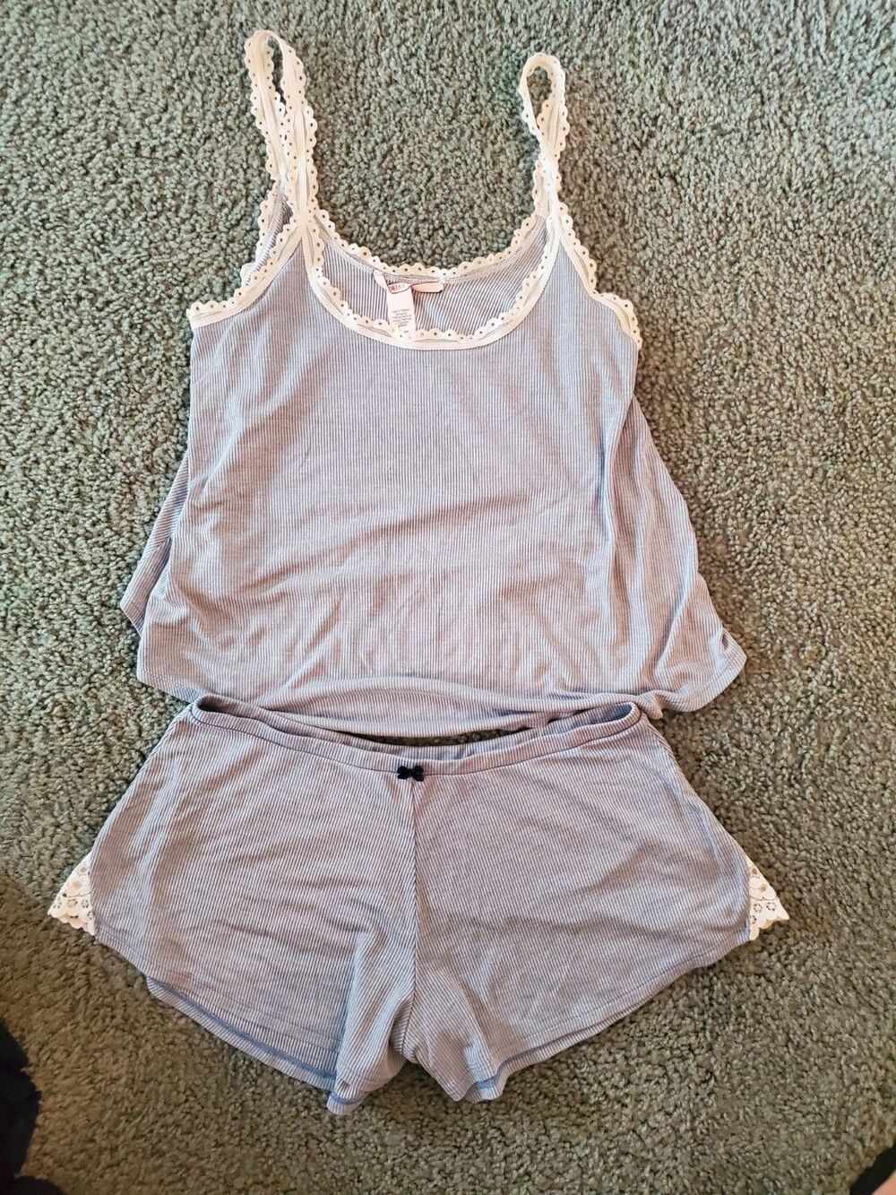 Victoria's Secret Blue/Grey Ribbed Cami & Shorts PJ Set White Lace Trim Small